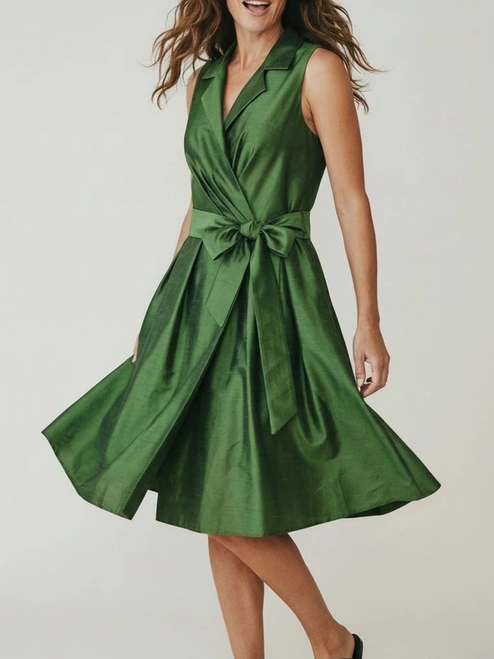 Jessica Howard Green Satin Dress with Waist Tie
